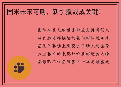 国米未来可期，新引援或成关键！